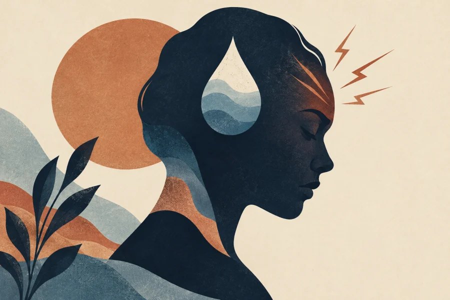 Illustration of a person with a water droplet and headache motif