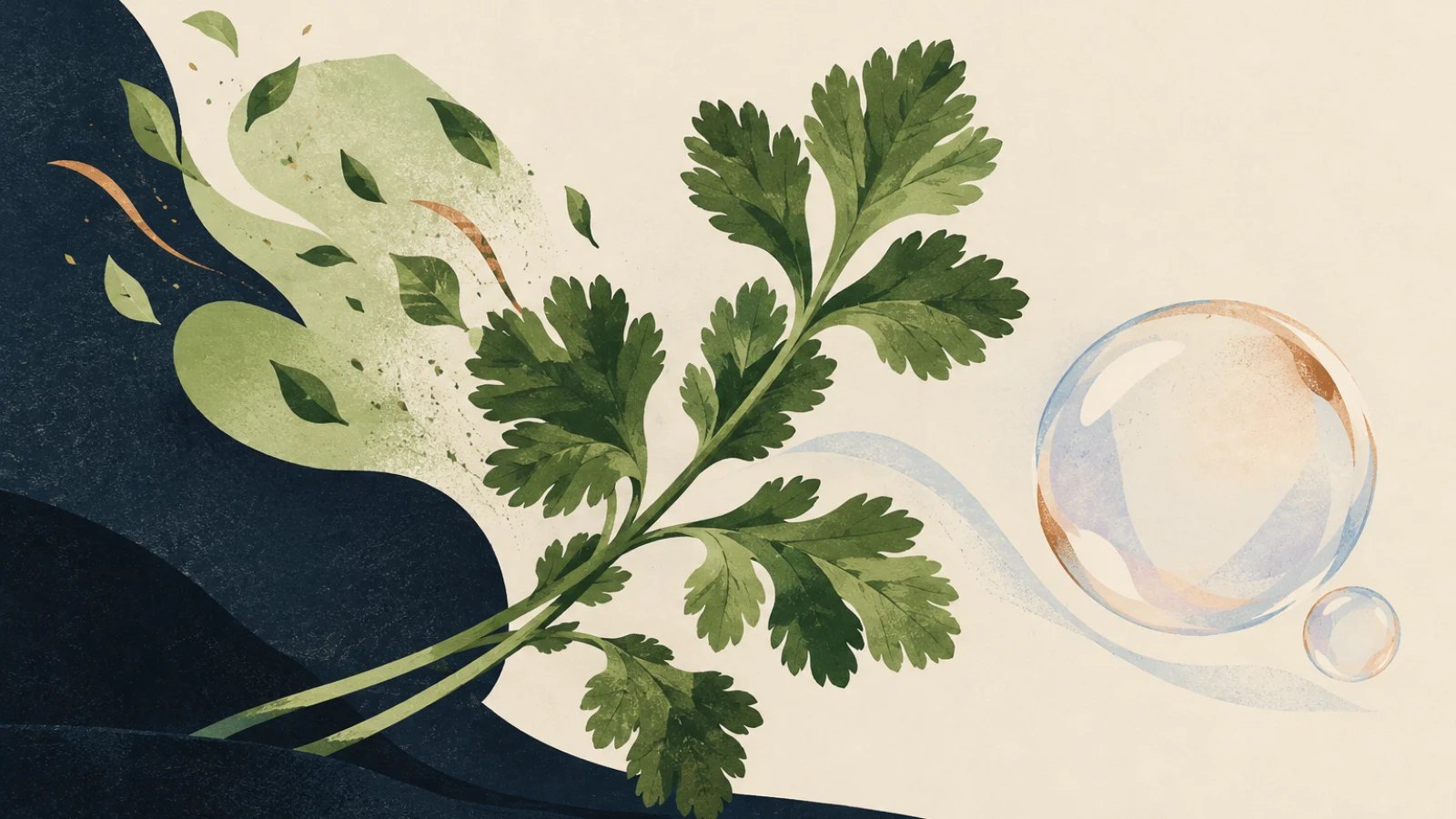 Fresh coriander leaves beside a subtle soap bubble
