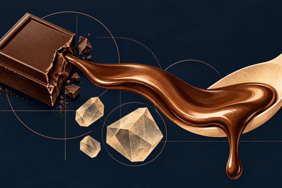 A snapped chocolate square becomes a smooth melting ribbon flowing into a cream spoon