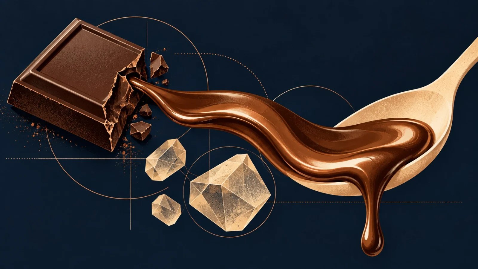 A snapped chocolate square becomes a smooth melting ribbon flowing into a cream spoon