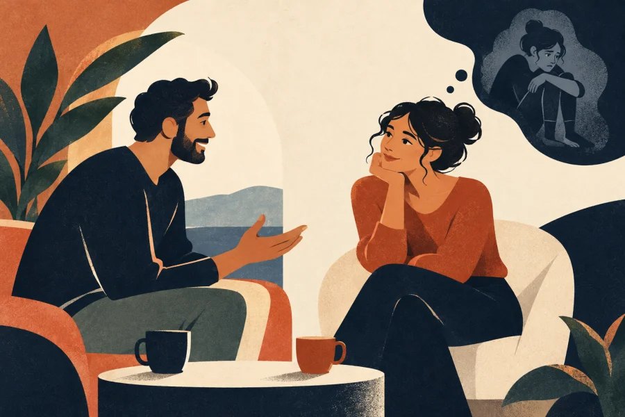 Two people enjoy a conversation while one imagines a worried version of herself