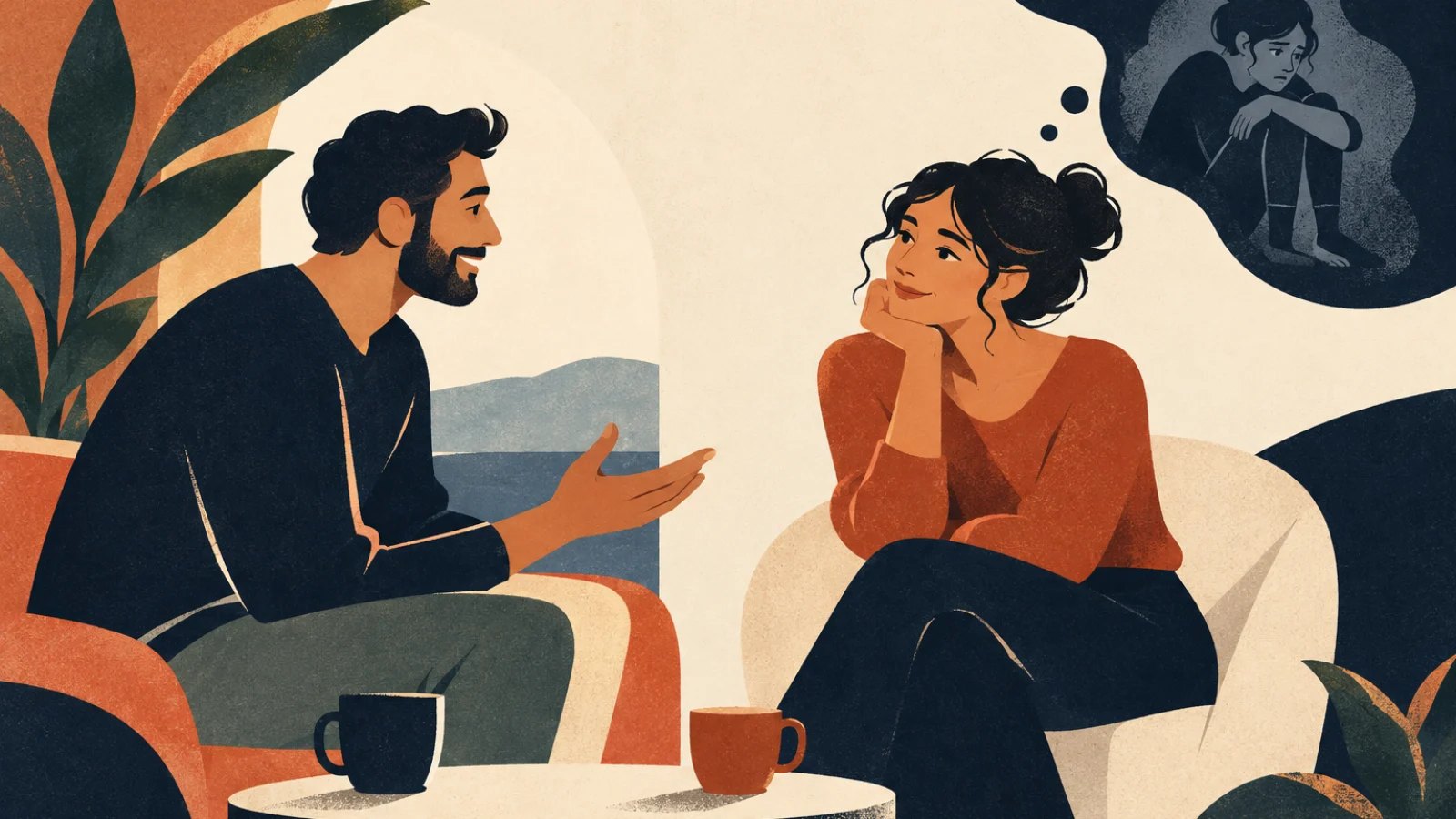 Two people enjoy a conversation while one imagines a worried version of herself