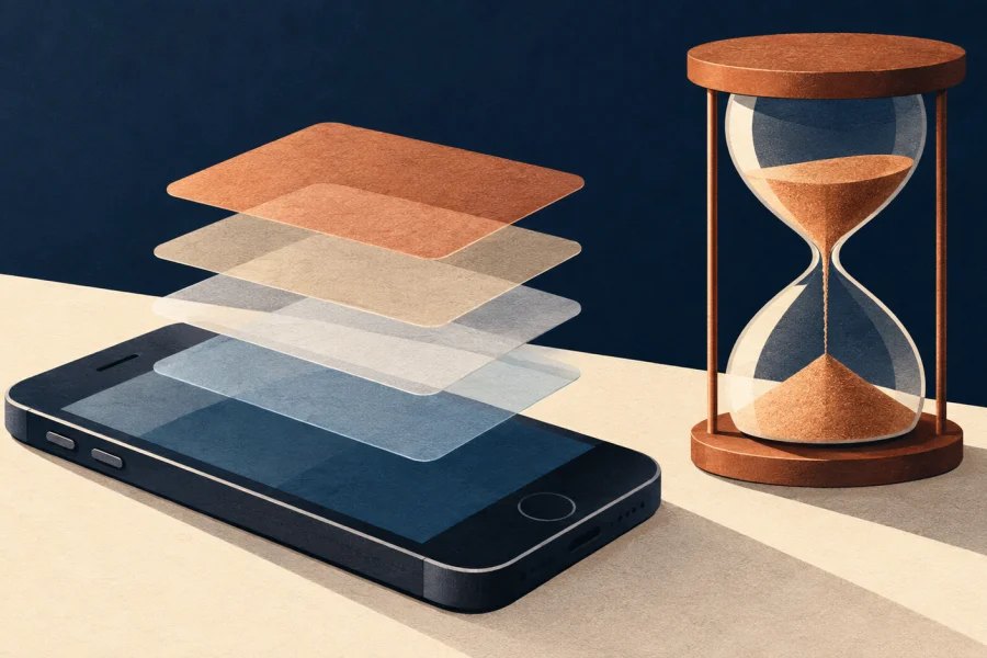 Older smartphone beneath translucent software layers beside an hourglass