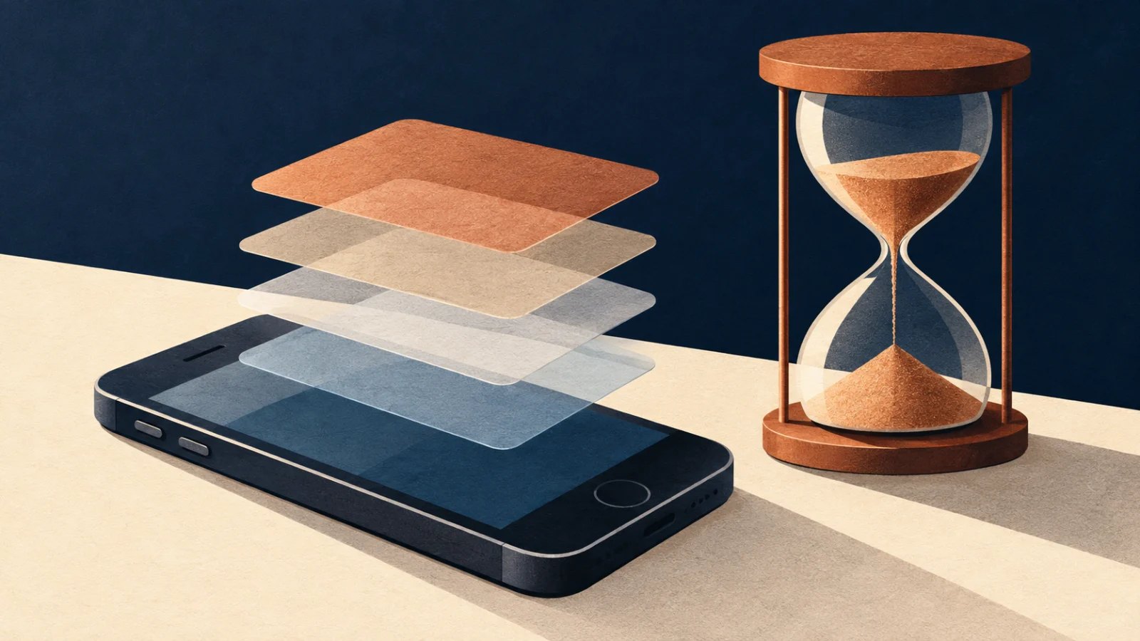Older smartphone beneath translucent software layers beside an hourglass