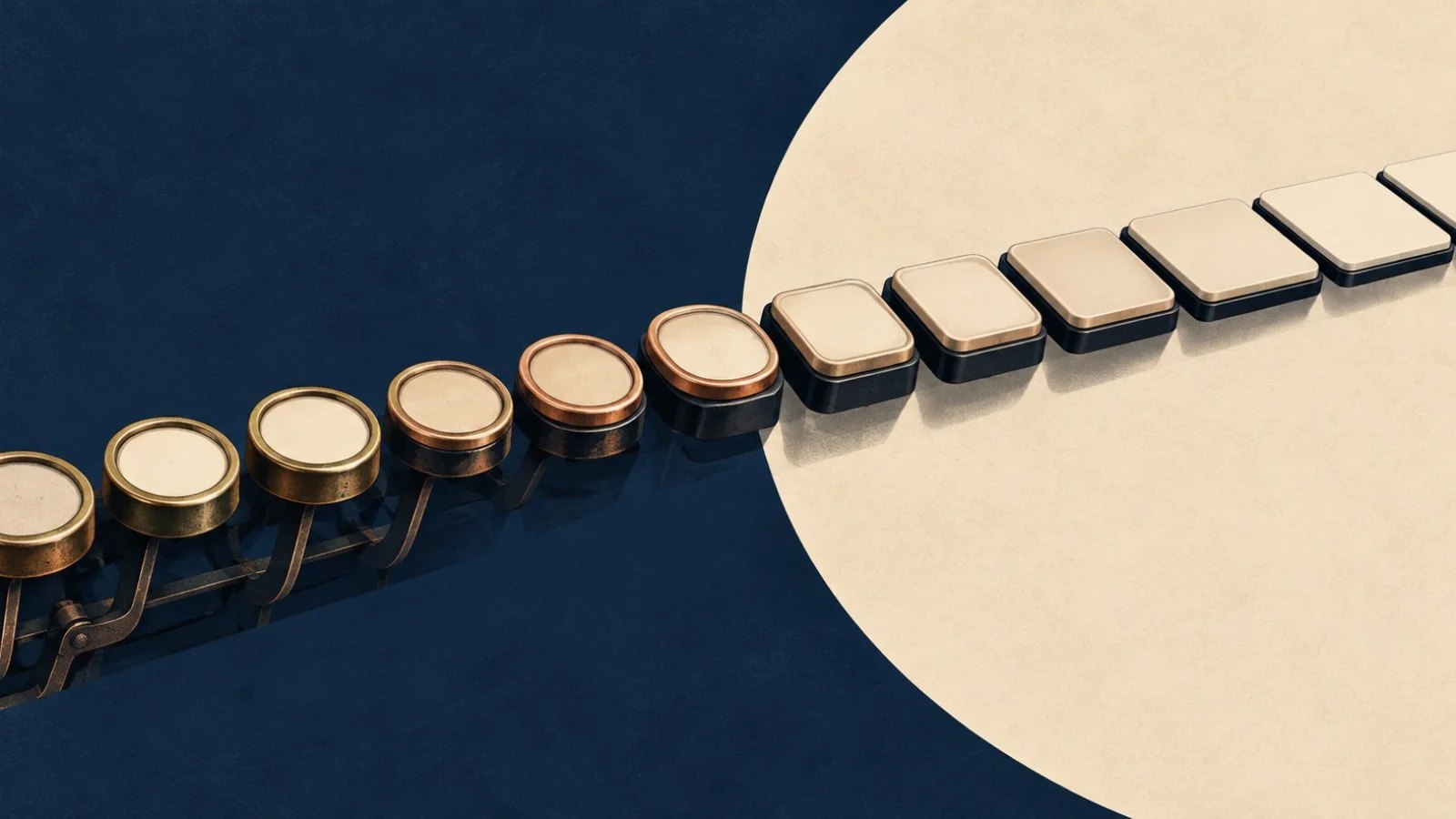 A row of blank circular typewriter keys continues into a row of slim modern keyboard keys.