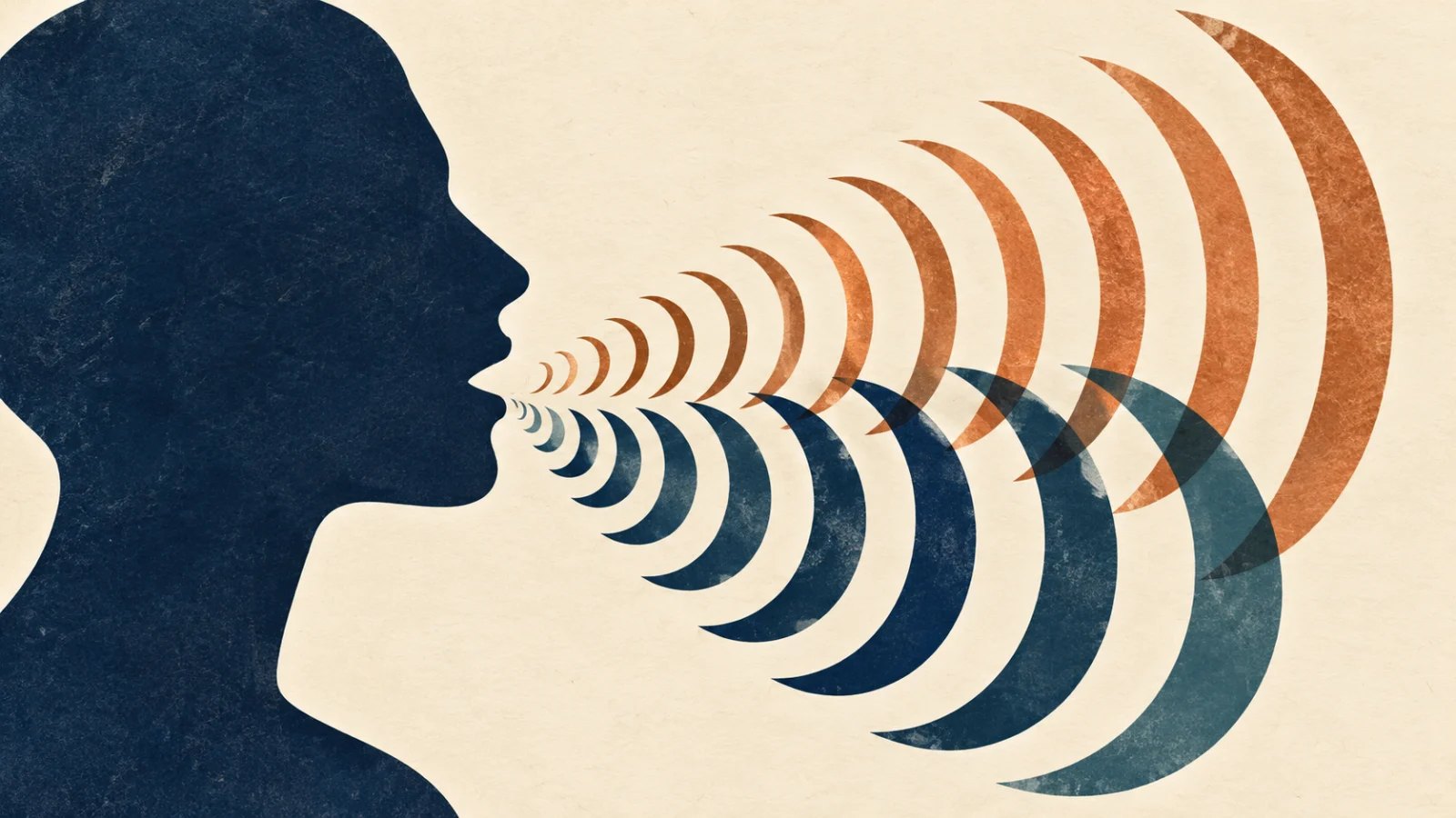 Profile silhouette speaking with overlapping navy and copper sound waves