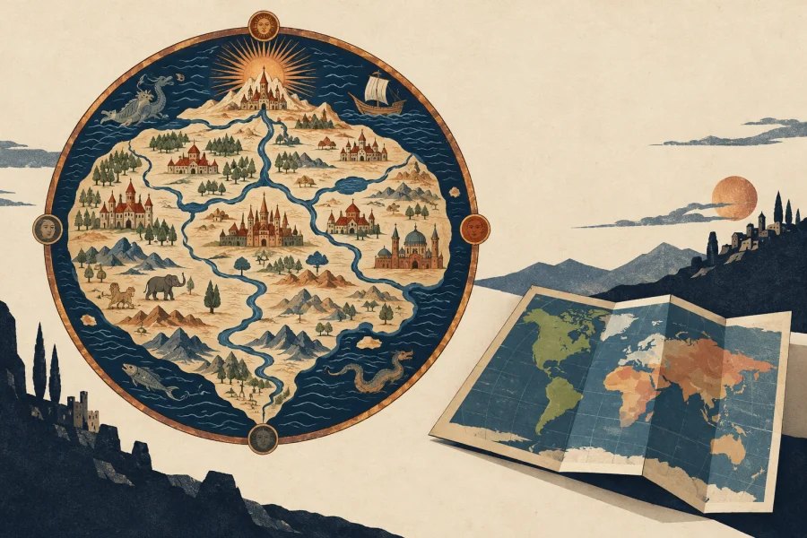Illustration comparing a symbolic medieval world map with a modern map