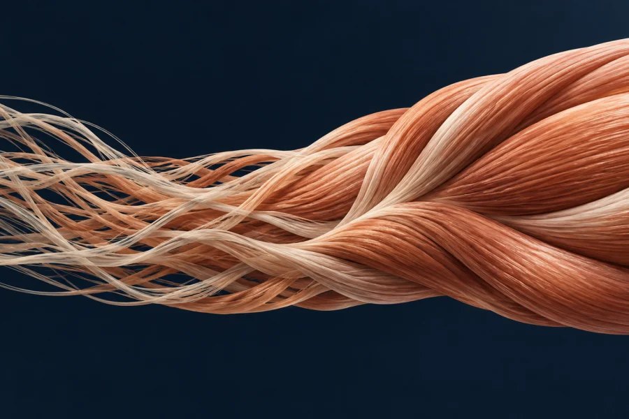 A bundle of copper muscle-like fibres grows from loose strands into a strong weave against a dark navy background.