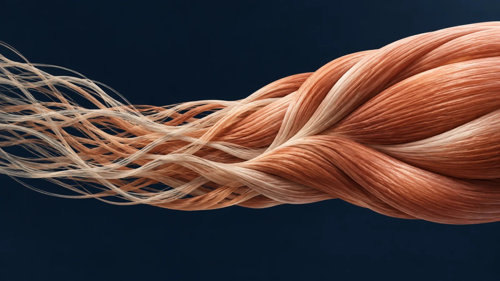 A bundle of copper muscle-like fibres grows from loose strands into a strong weave against a dark navy background.