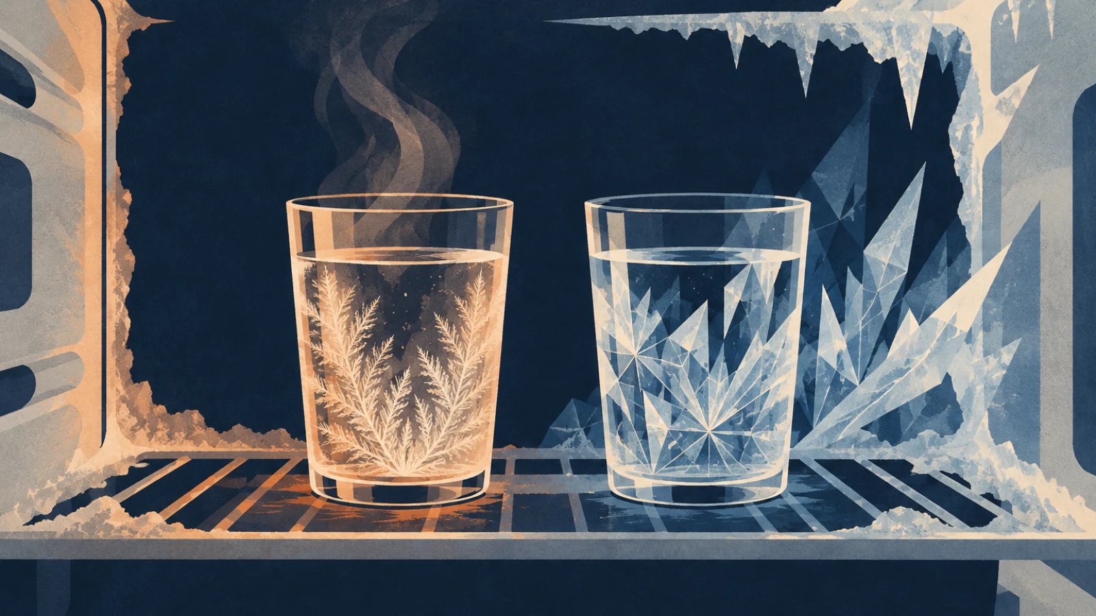 Illustration comparing warm and cool water in a frosty freezer