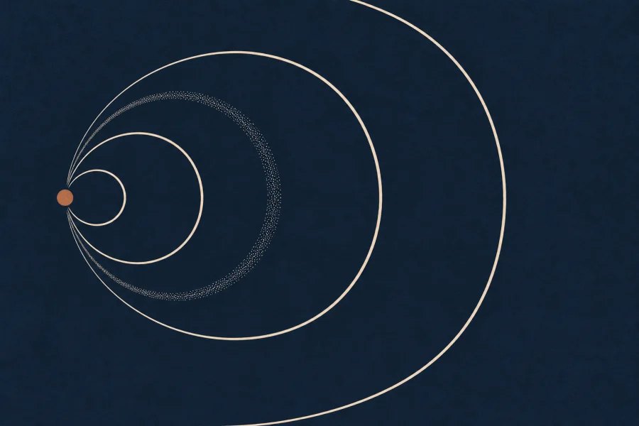 Minimal concentric arcs expanding from a copper point, with a stippled arc for ancient cosmic light