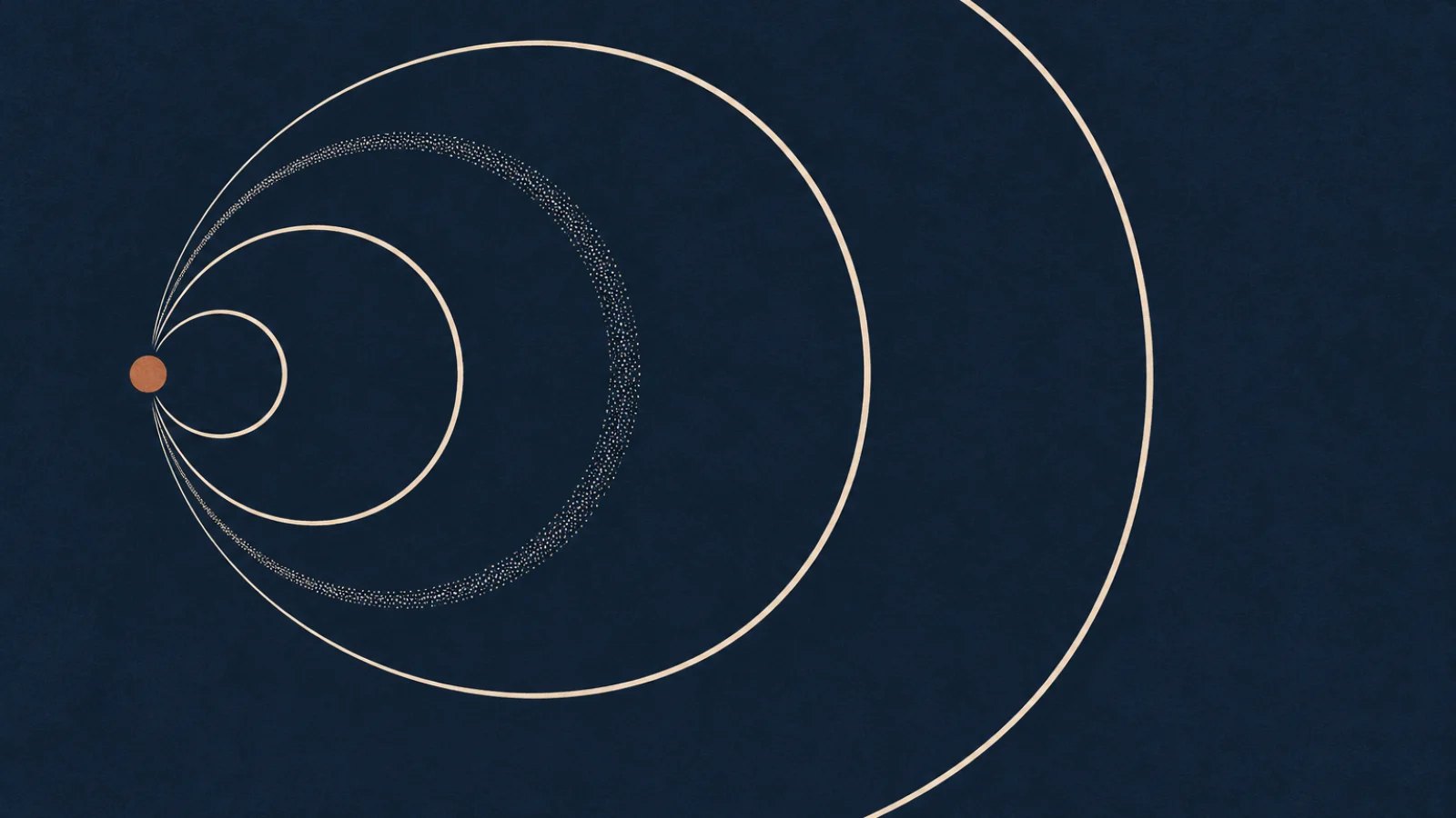 Minimal concentric arcs expanding from a copper point, with a stippled arc for ancient cosmic light