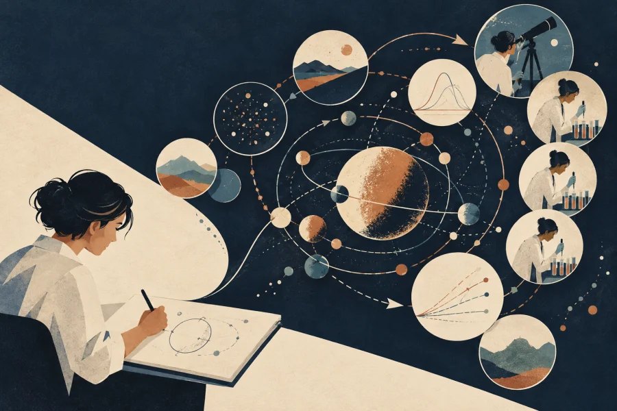 Illustration of a scientist connecting evidence, predictions and experiments