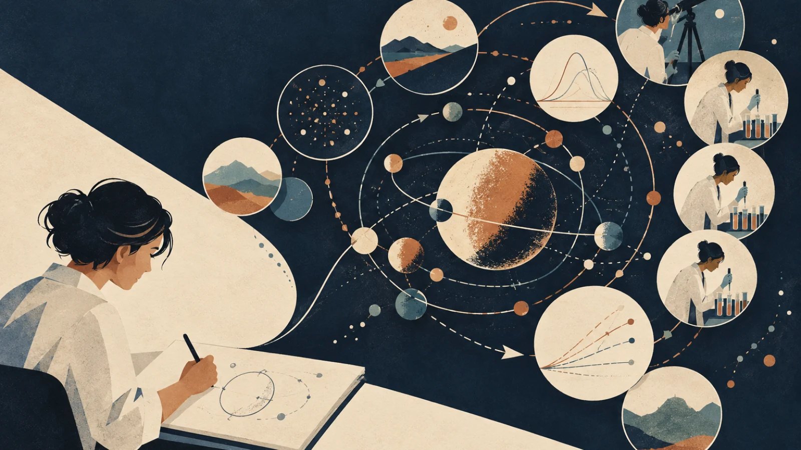 Illustration of a scientist connecting evidence, predictions and experiments