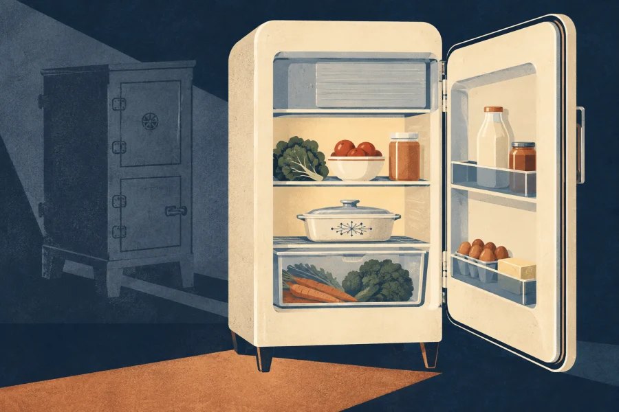 An open mid-century refrigerator holding fresh food and leftovers, beside the shadow of an older icebox.
