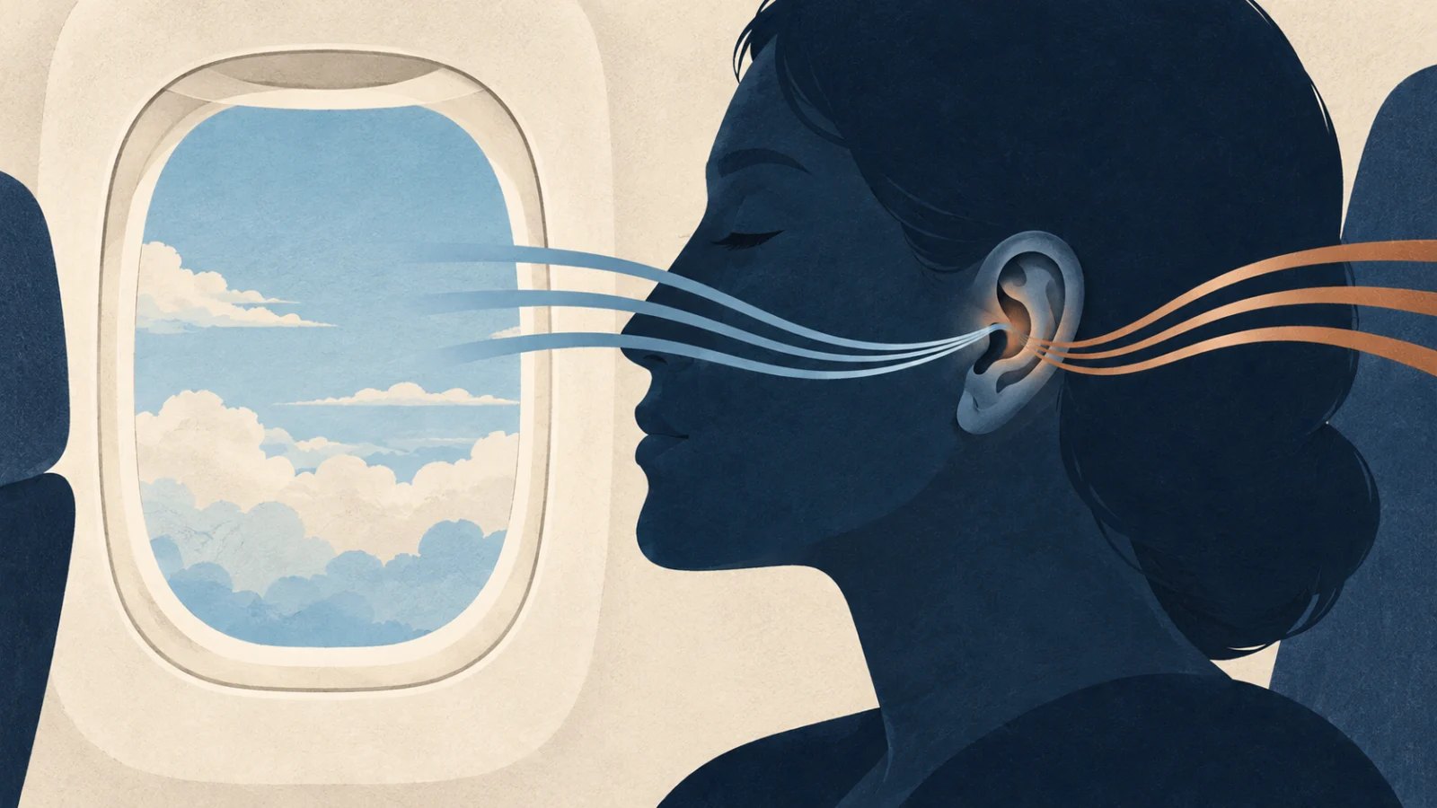 Passenger by an aircraft window with balanced pressure lines meeting at the ear