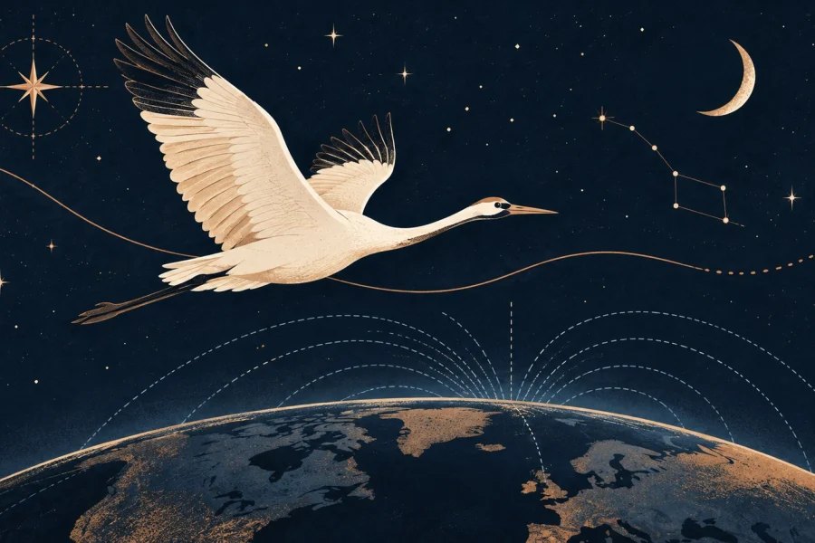 A migratory bird flies beneath stars and a crescent moon over the curved Earth, following a copper route