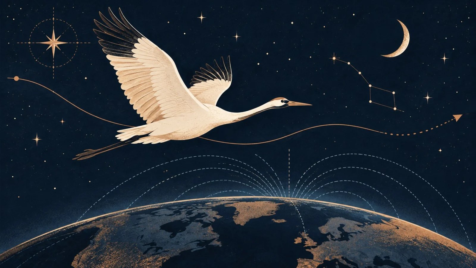 A migratory bird flies beneath stars and a crescent moon over the curved Earth, following a copper route