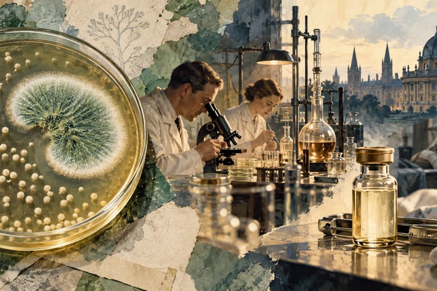 Penicillin mould in a dish beside wartime laboratory scientists and a medicine vial