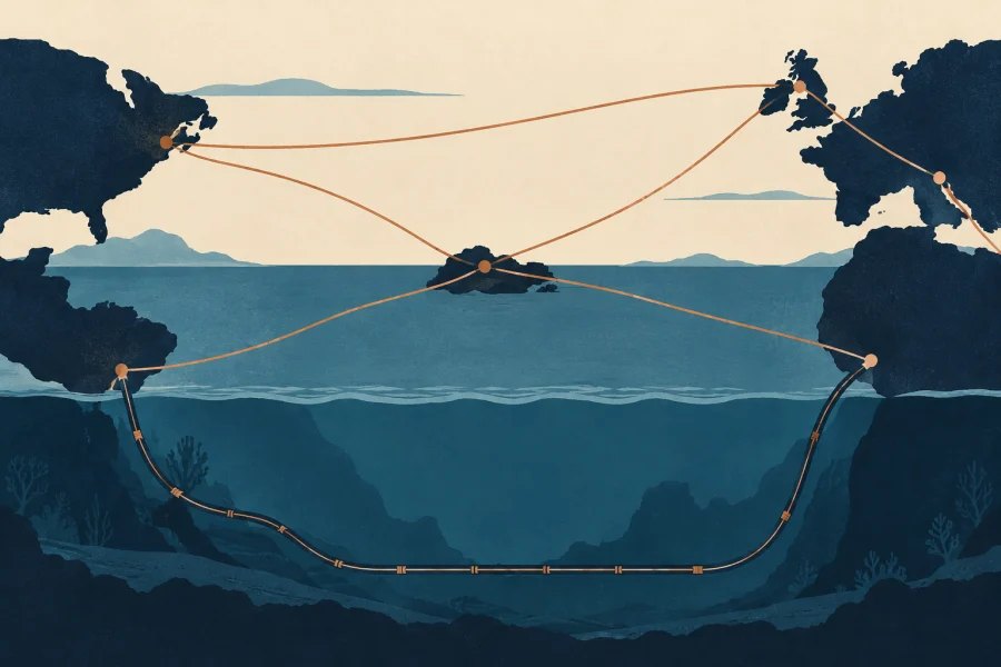 Separate network points connected across the Atlantic by surface routes and one undersea cable