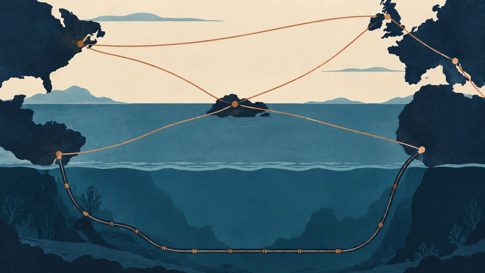 Separate network points connected across the Atlantic by surface routes and one undersea cable