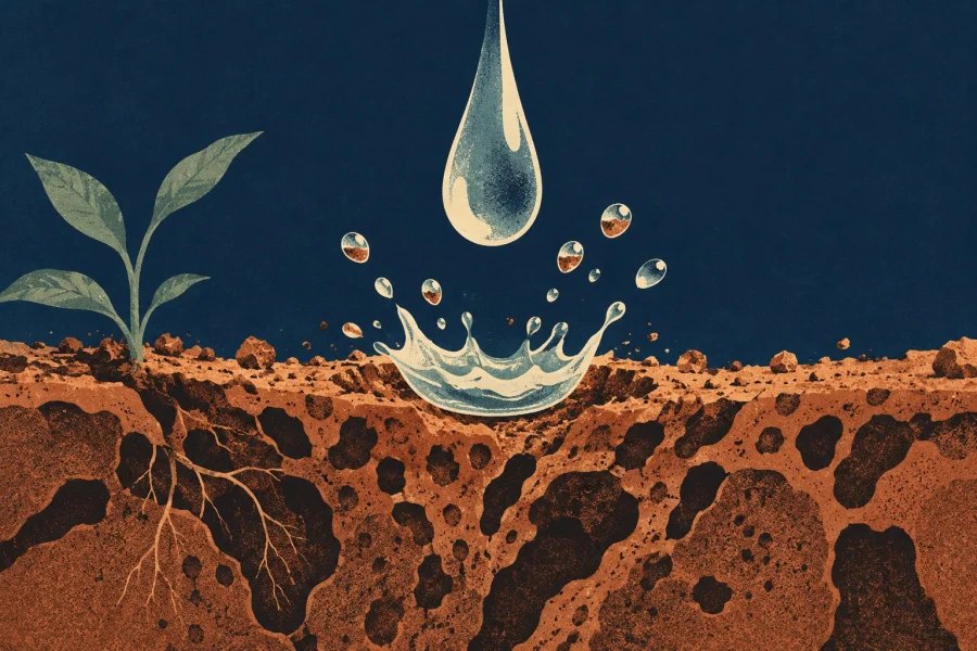 An illustrated raindrop striking dark soil beside a small sprig, with cream and copper droplets rising against a navy background