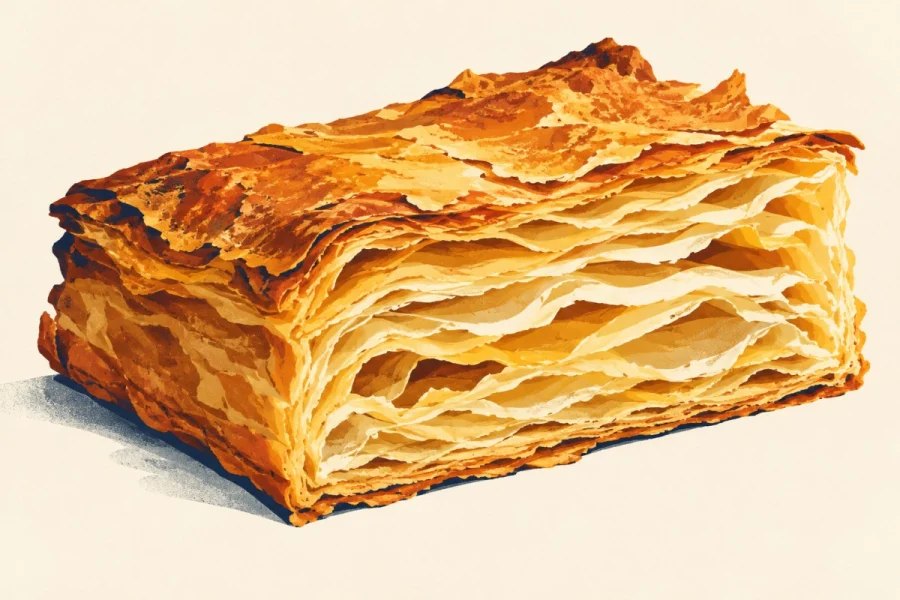 A slice of golden puff pastry showing delicate, separated layers along its cut edge.