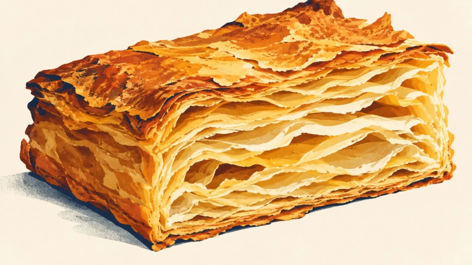 A slice of golden puff pastry showing delicate, separated layers along its cut edge.