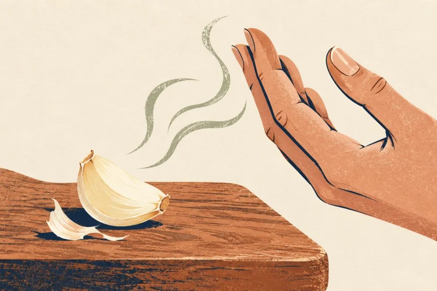Illustrated hand near a cut garlic clove with faint curls suggesting its lingering smell