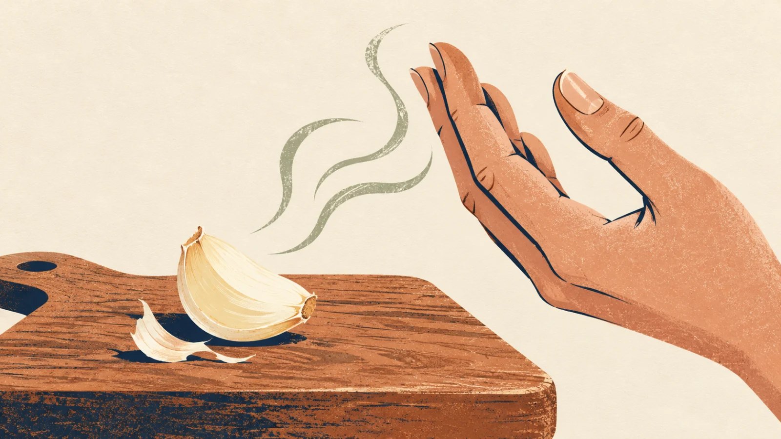 Illustrated hand near a cut garlic clove with faint curls suggesting its lingering smell