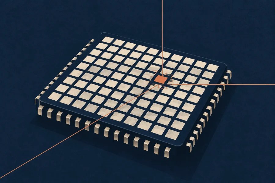 A memory chip illustrated as a grid with check lines converging on one changed cell.