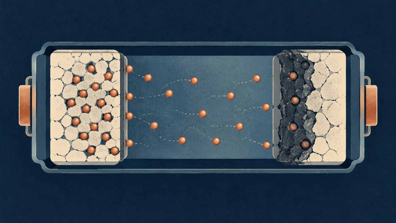 Illustrated cross-section of an ageing rechargeable battery with worn electrodes and copper ions moving between them