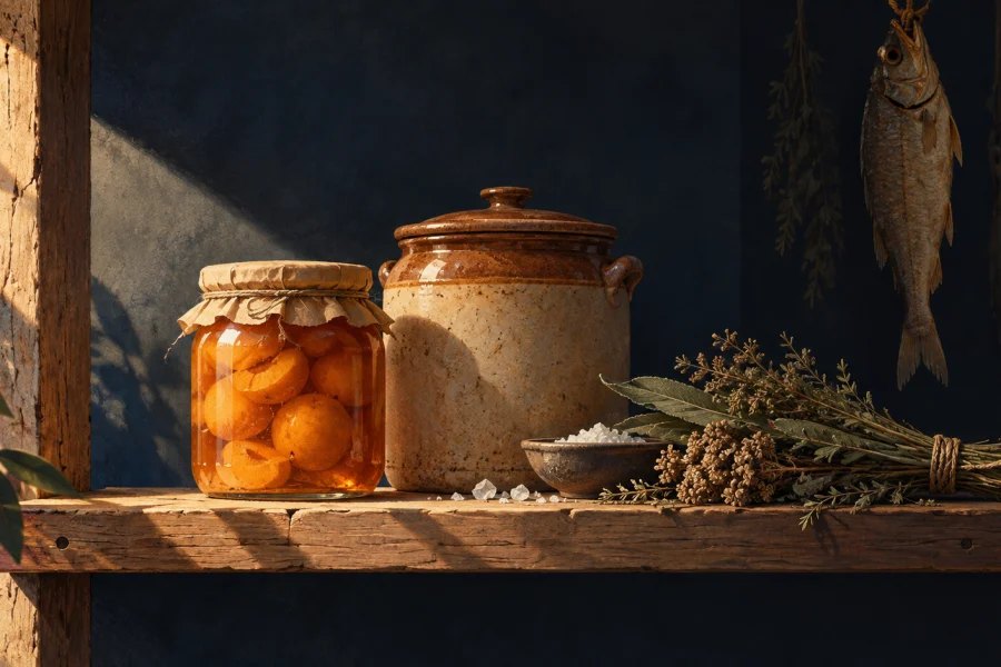 A traditional pantry shelf holds fruit preserve, a ceramic fermentation crock, salt and dried herbs, with preserved fish hanging behind.