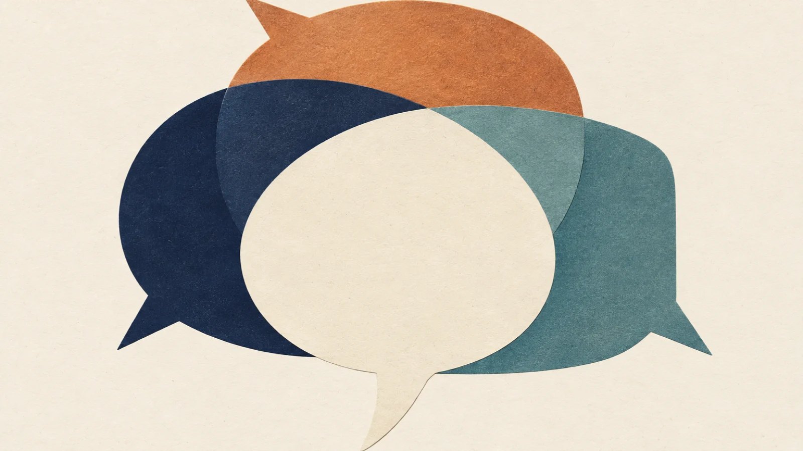 Three overlapping speech bubbles in copper, navy and teal form a shared central space