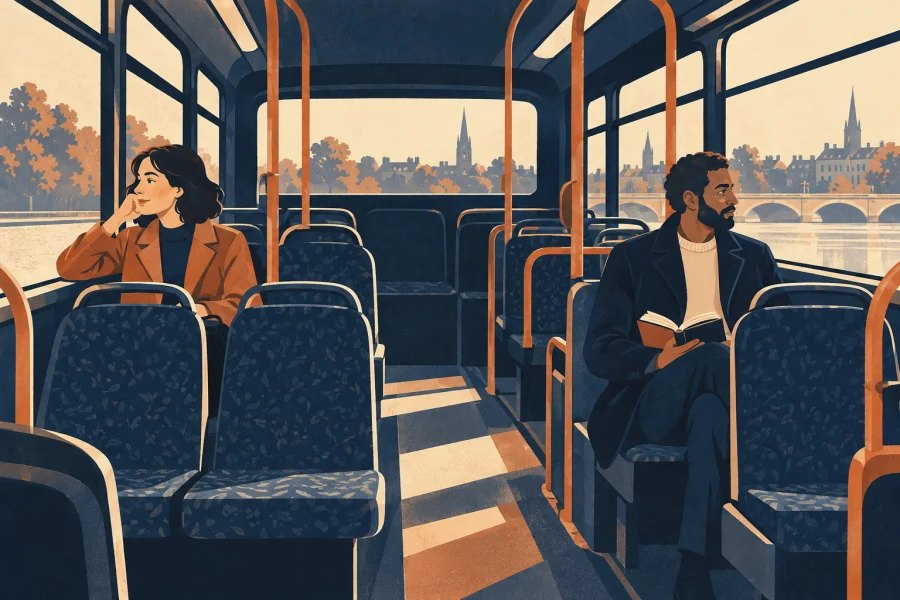 Two passengers sit apart in a quiet bus, each with an empty seat beside them.