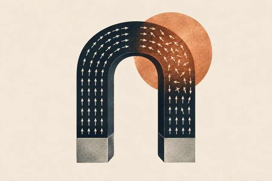 Editorial illustration of a horseshoe magnet, with orderly arrows becoming disordered in a copper-coloured heated area.