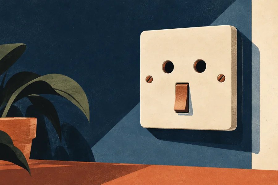A wall switch and socket resemble a simple face