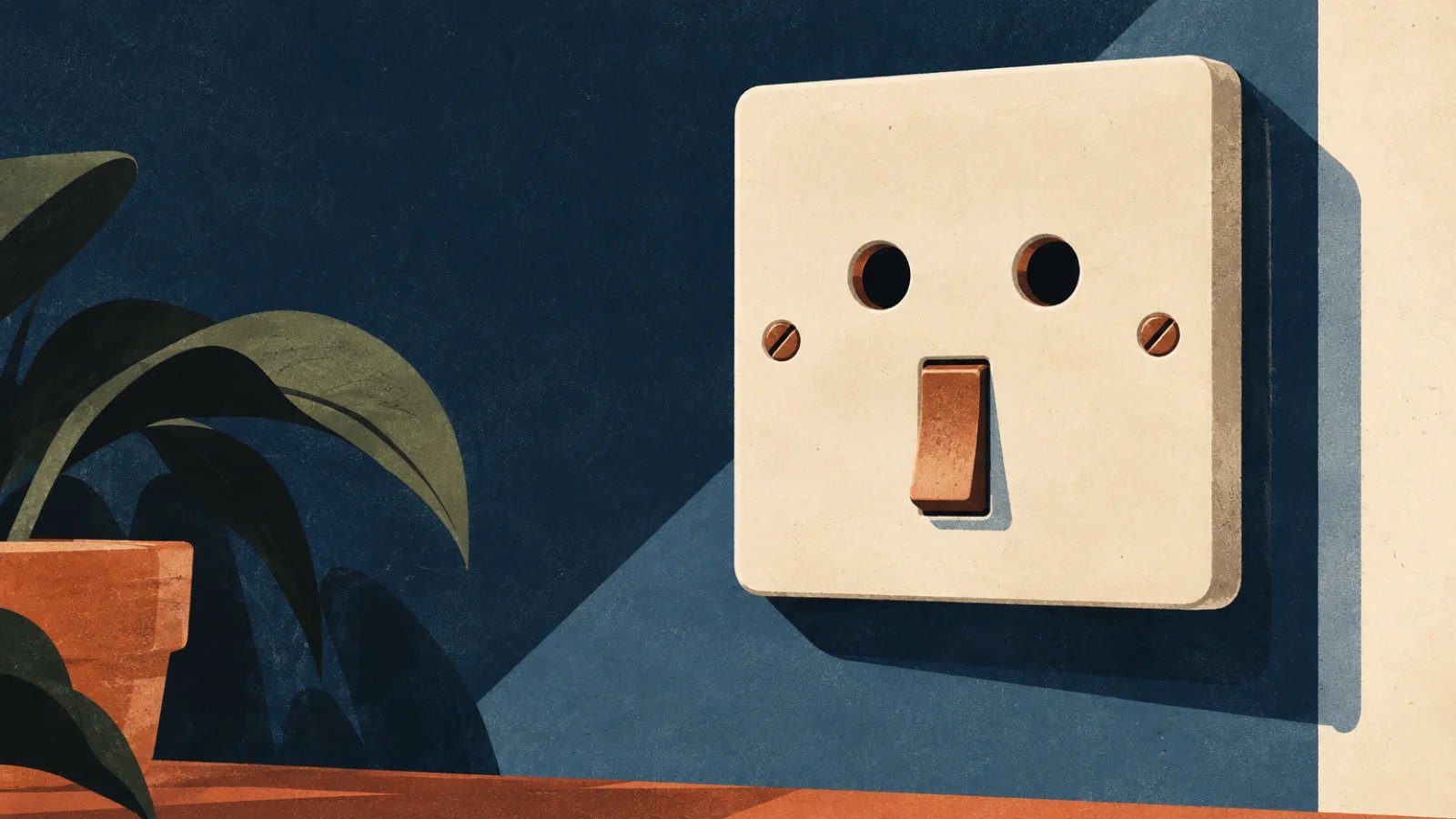 A wall switch and socket resemble a simple face