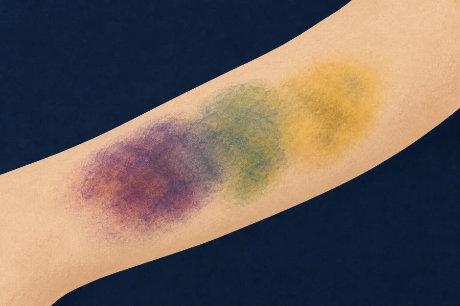 Illustrated forearm with a bruise shifting from purple through green to yellow.