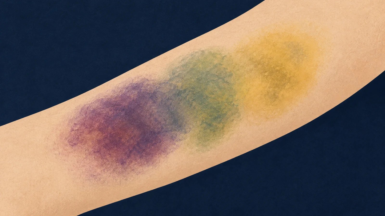 Illustrated forearm with a bruise shifting from purple through green to yellow.