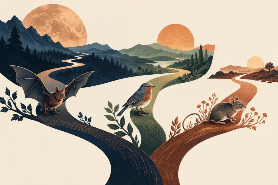 Illustration comparing a bat, bird and mouse on different lifespan paths