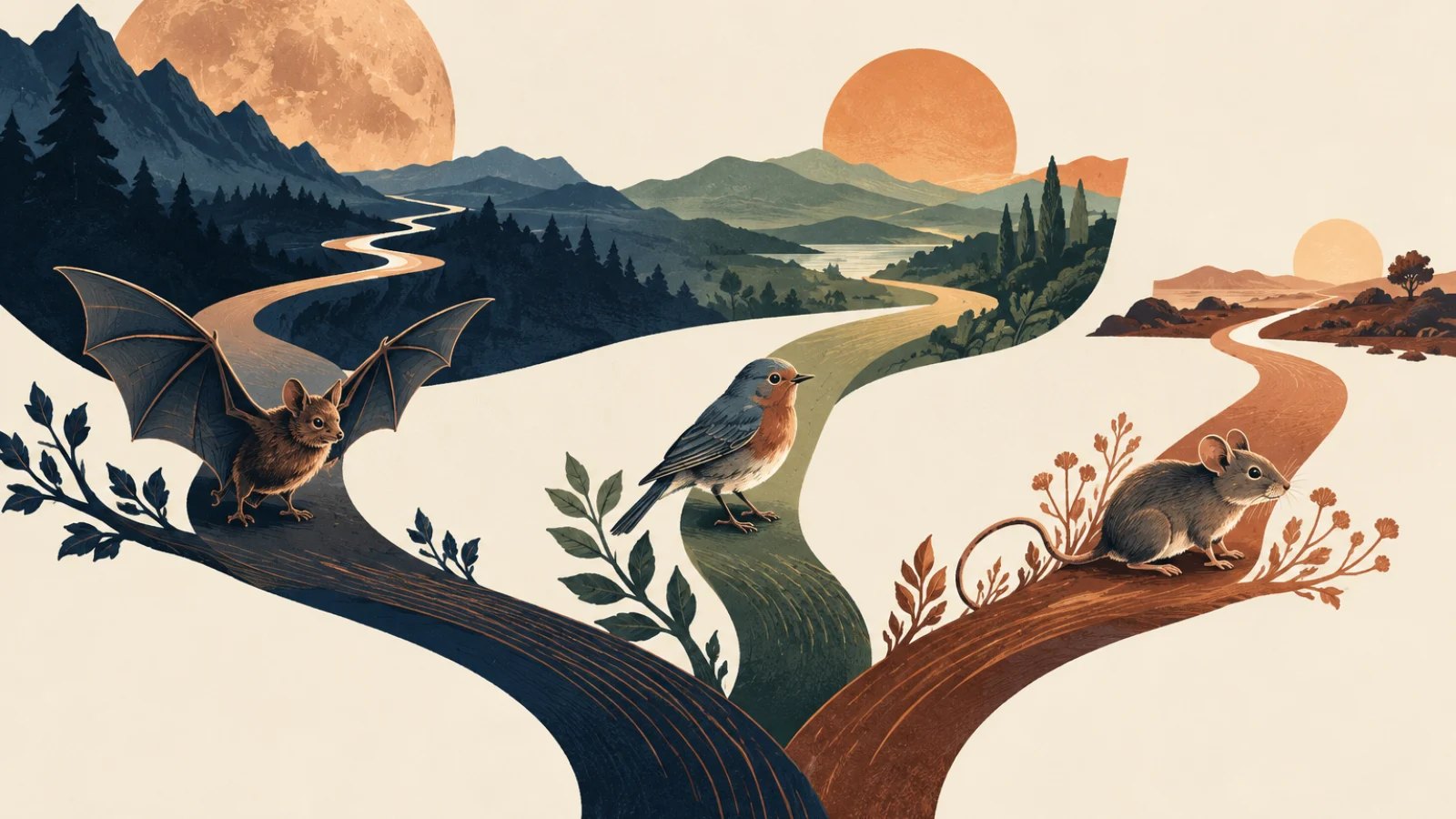 Illustration comparing a bat, bird and mouse on different lifespan paths