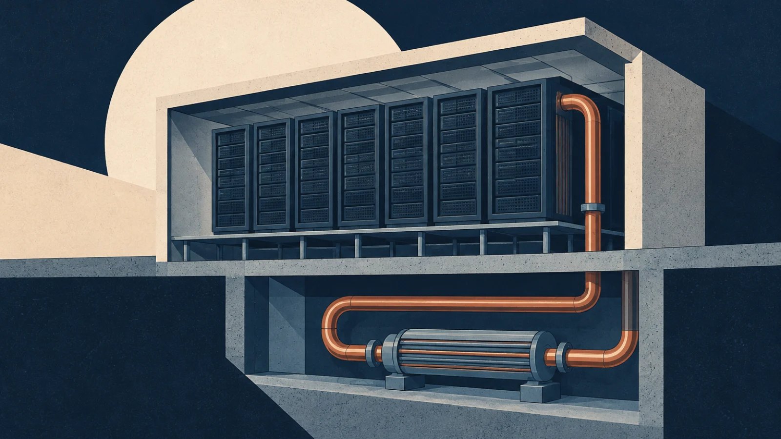 Illustrated data-centre server racks connected to a simple copper cooling loop