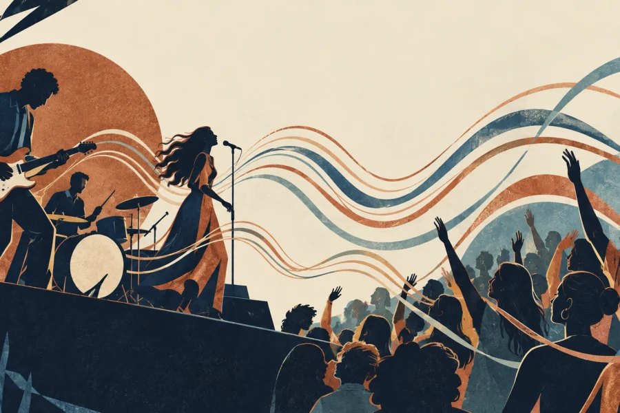live musicians and audience sharing visible rhythmic waves