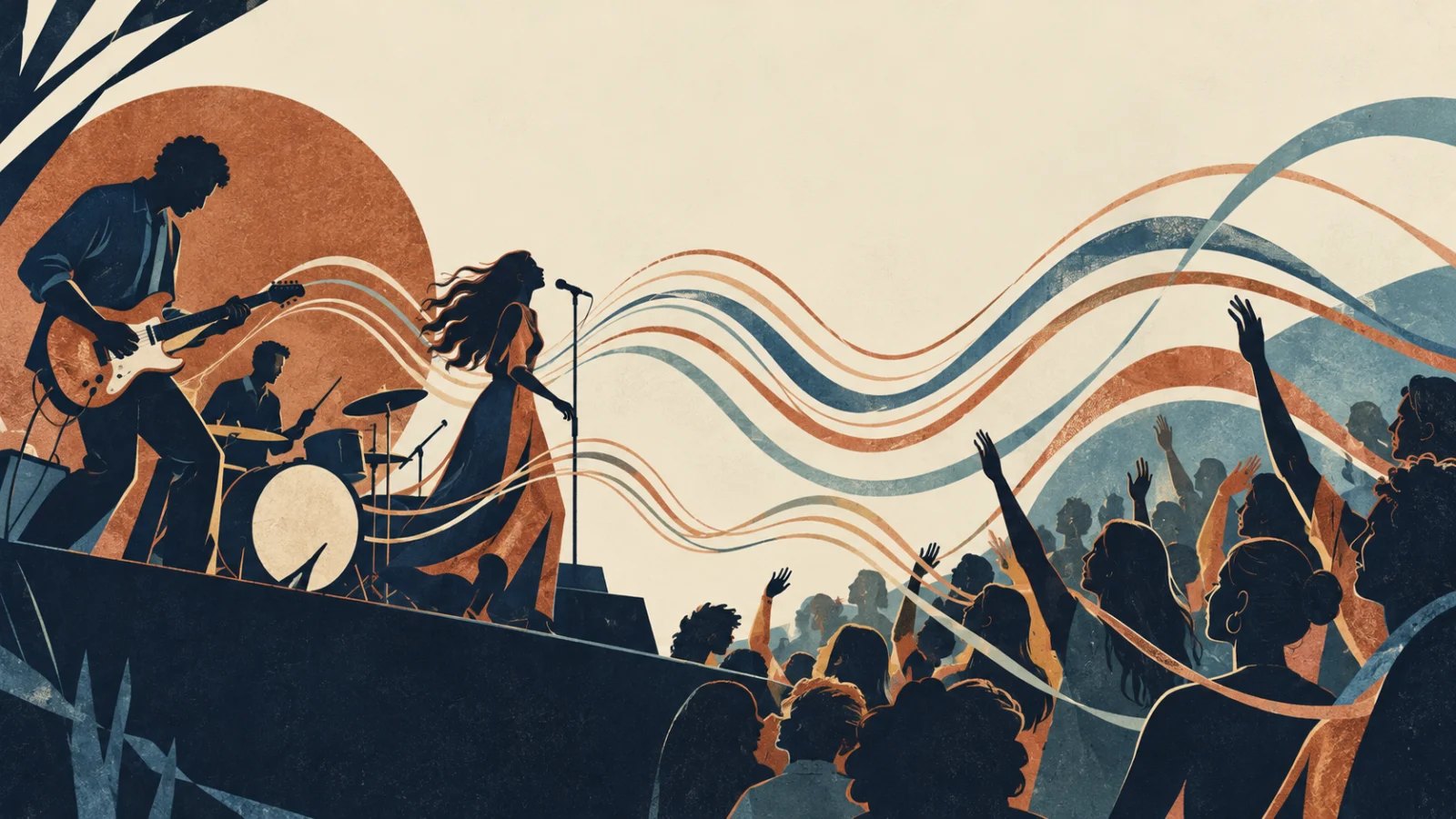 live musicians and audience sharing visible rhythmic waves