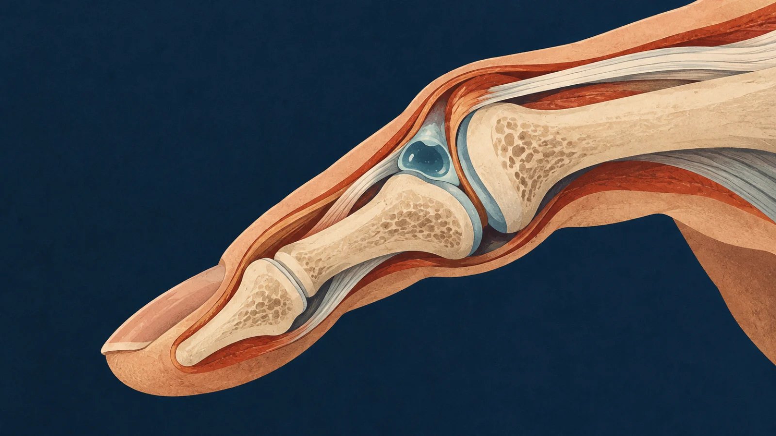 finger knuckle joint with a tiny gas cavity, elegant anatomical cutaway