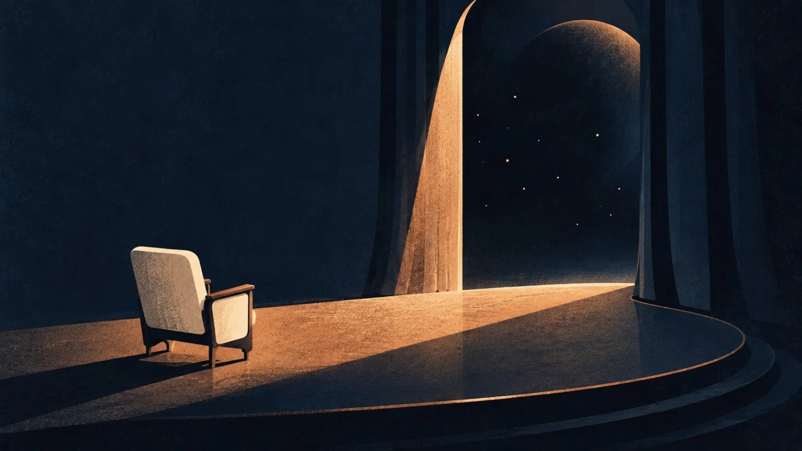 An empty cream cinema seat faces a mysterious copper-lit doorway on a dark stage