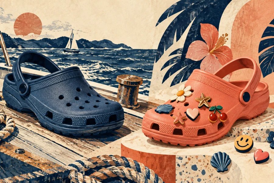 Practical perforated foam clogs on a boat deck evolving into brightly decorated fashion footwear