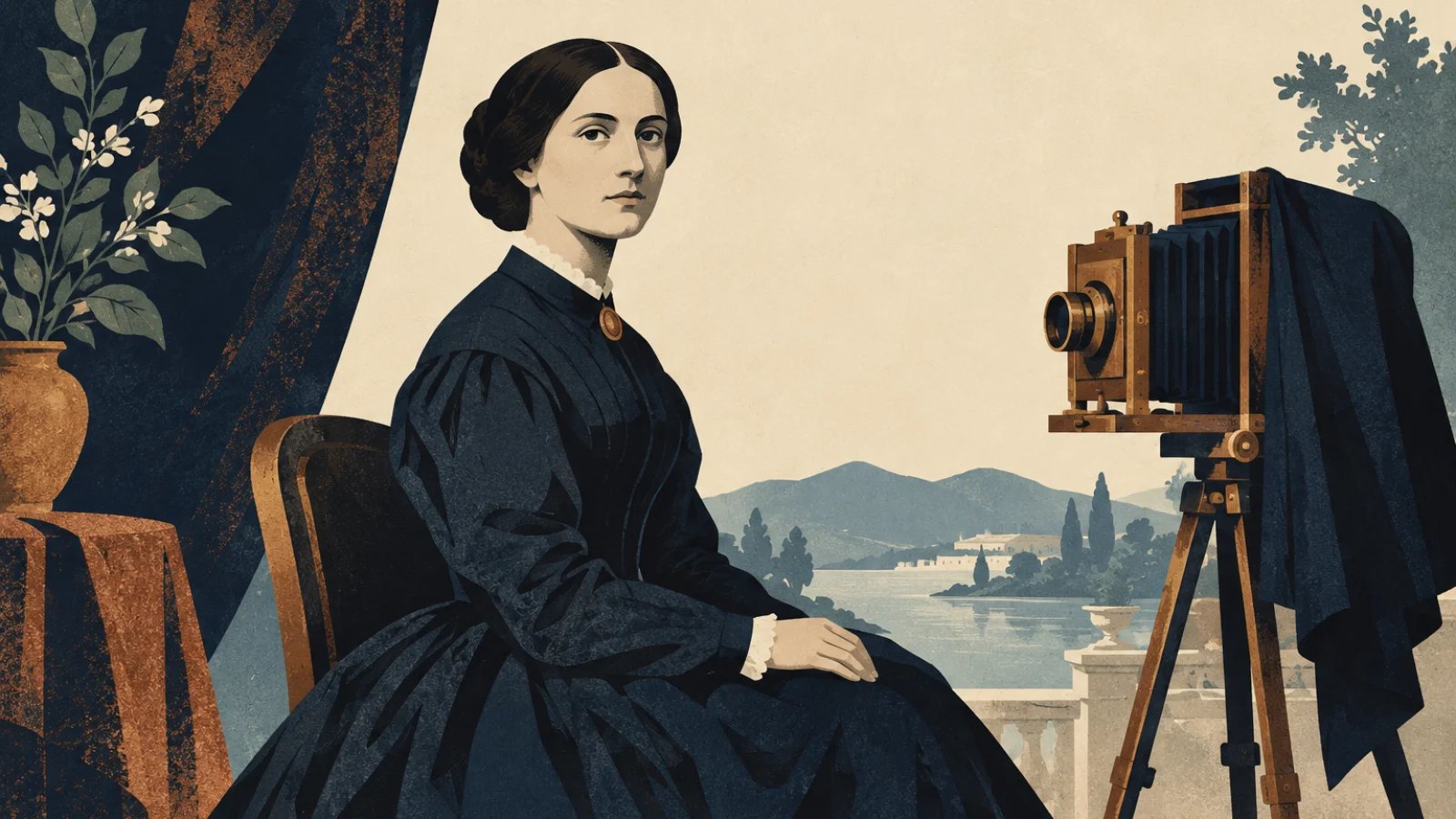 An unsmiling nineteenth-century sitter poses beside a camera