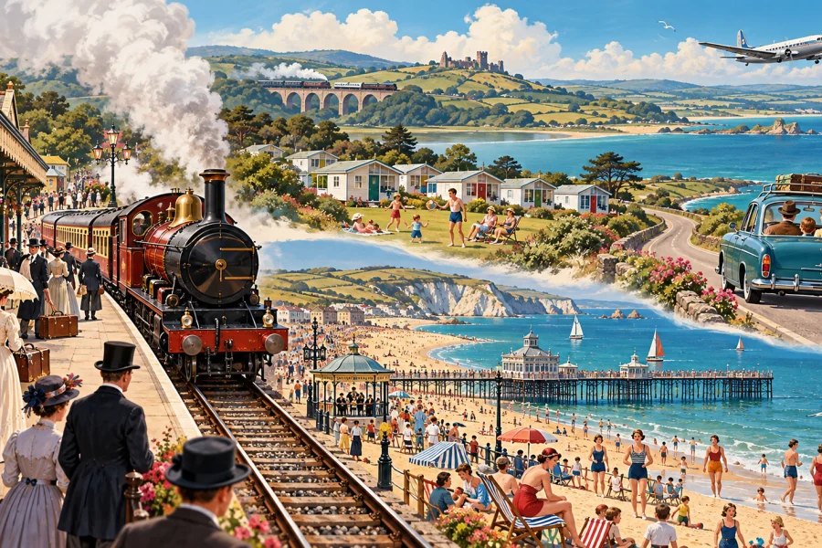A British holiday travel scene from steam train and seaside to holiday camp, car and charter aircraft